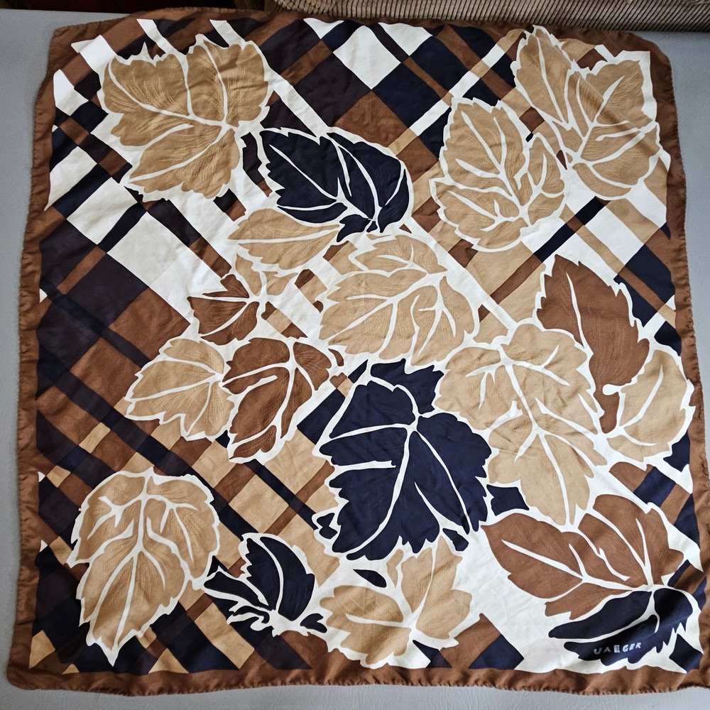Jaeger London Paris Silk Scarf Brown Tan Navy Leaf Plaid Made in Italy 29x29